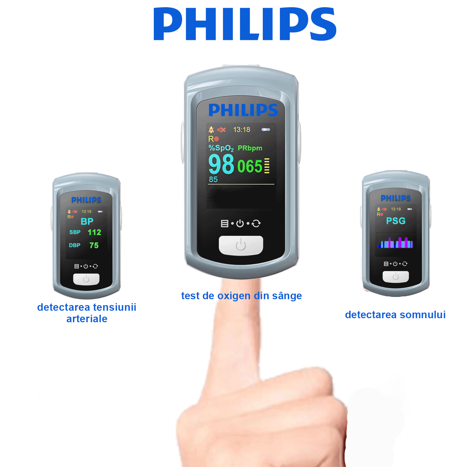 Oximetru Philips, detectie somn, detectie lipide din sange, functie de alarma vocala (suporta romana), functie de cronometrare